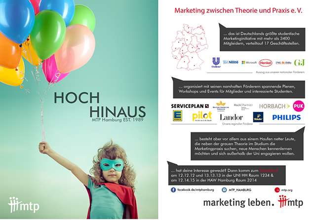 Flyer MTP Hamburg Hoch Hinaus 2016 Kind Luftballon Superheldin