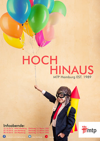 Plakat MTP Hamburg Hoch hinaus 2015 Kind Ballons Superheld